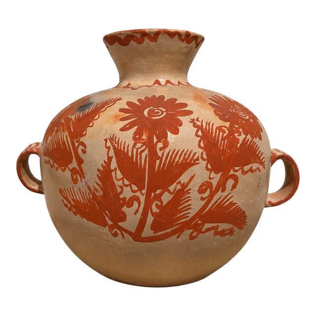 Vintage Mexican Folk Art Pottery Vase With Hand-Painted Terracotta Florals For Sale
