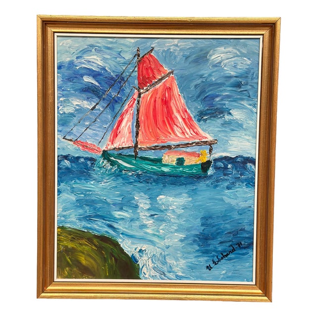 U. Ekshard, Sailboat on the Water, 1971, Oil on Panel, Framed For Sale