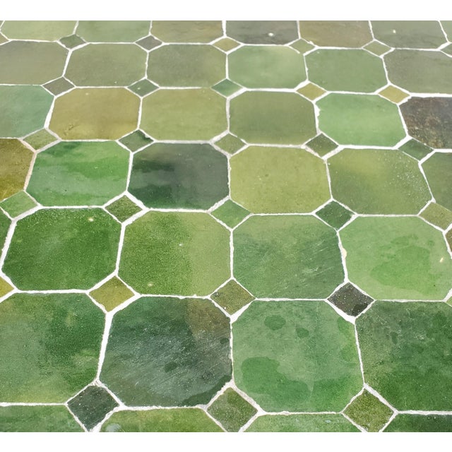 Amazing Tamegrout green custom made Moroccan mosaic table measuring 32" in diameter and 29" in height. An indoor / outdoor...