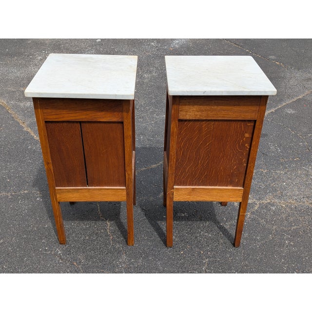 Antique French Oak White Marble Top Bedside Cabinets - A Pair For Sale - Image 11 of 12