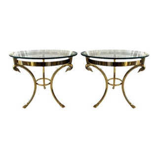 Pair of Mid Century Round Brass and Glass Tables With Bird Motif For Sale