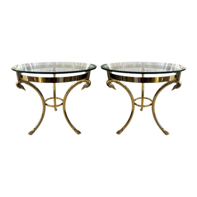 Pair of Mid Century Round Brass and Glass Tables With Bird Motif For Sale