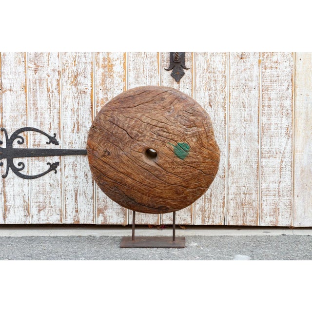 Brown Large Antique Teak Wheel With Iron Stand For Sale - Image 8 of 8