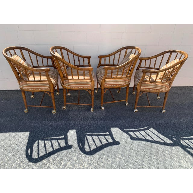 Hollywood Regency 1960's Century Chair Co. Faux Bamboo Barrel Tub Chairs Set of 4 For Sale - Image 3 of 12