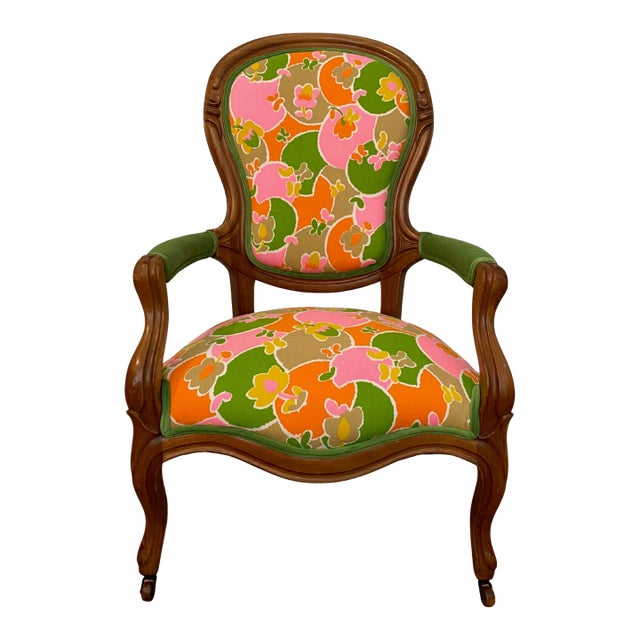 Early 1900s Victorian Wooden Armchair Upholstered in Vintage Colorful Groovy Print Fabric and Green Velvet For Sale