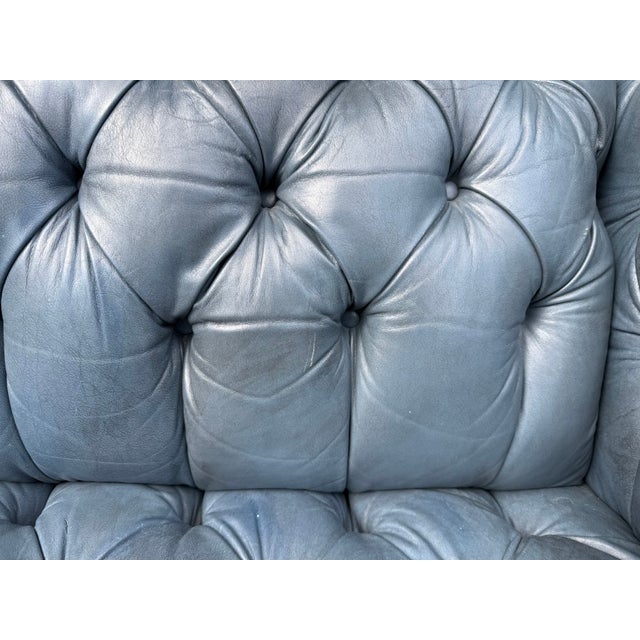 Vintage Blue Leather Camelback Chesterfield Sofa For Sale - Image 15 of 18