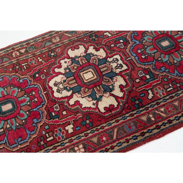 Persian Handmade Heriz Red Wool Runner With Medallion Floral Design For Sale In New York - Image 6 of 8