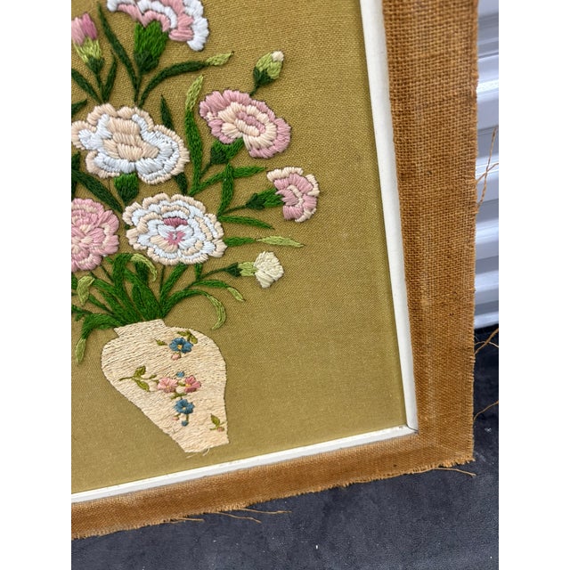 Textile Vintage Floral Crewel Embroidery Wall Art With Burlap Border For Sale - Image 7 of 11