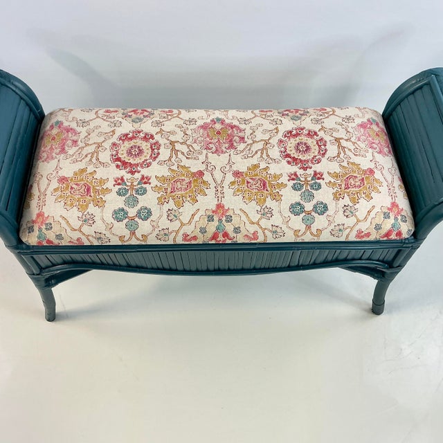 Mid-Century Boho Chic Coastal Bamboo Bench - Newly Upholstered Ikat Linen For Sale - Image 17 of 18