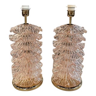 Decorative Pair of Pink Murano Brass "Ruffle" Lamps For Sale