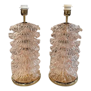 Decorative Pair of Pink Murano Brass "Ruffle" Lamps
