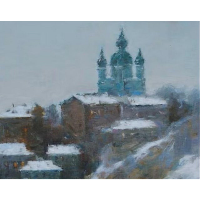 Realism Winter Cityscape Oil Painting, Antique Ukrainian Art 40-50 For Sale - Image 3 of 6