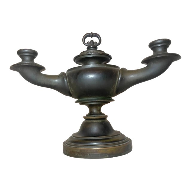 Antique 19th Century Bronze Electrified Oil Argand Genie Table Lamp Lantern For Sale