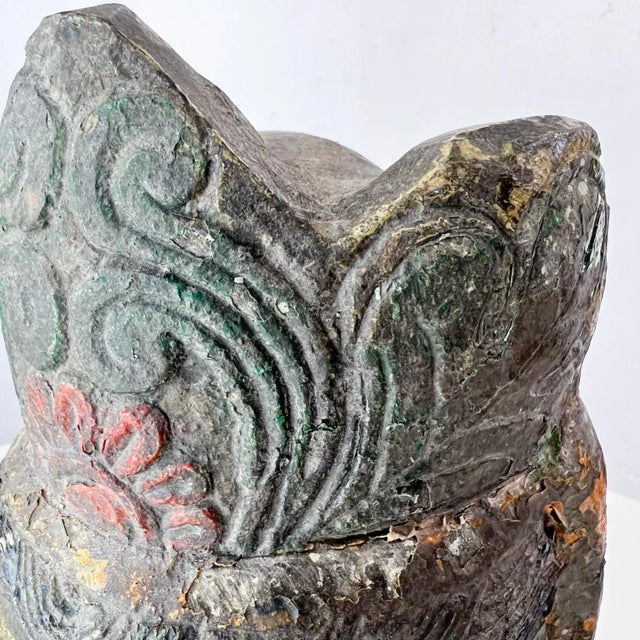 Salvaged Stone Golden Buddha Head Sculpture Ornately Carved Crown For Sale - Image 12 of 13