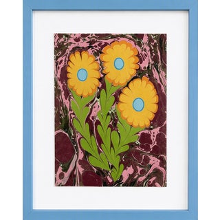 Ebru Flower Original Painting Blue and Yellow For Sale