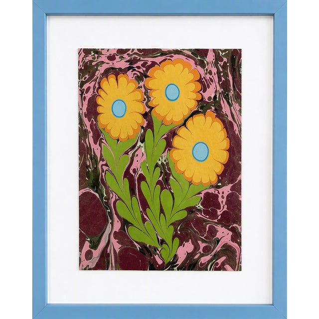 Ebru Flower Original Painting Blue and Yellow For Sale