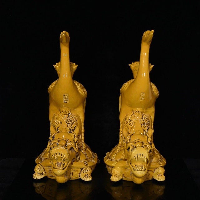 Pair of Large Chinese Yellow Glazed Porcelain Turtle & Crane Candlesticks For Sale - Image 4 of 9