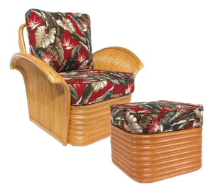 1990s Art Deco Style "Golden Girls" Rattan Fan Arm Lounge Chair with Ottoman Set
