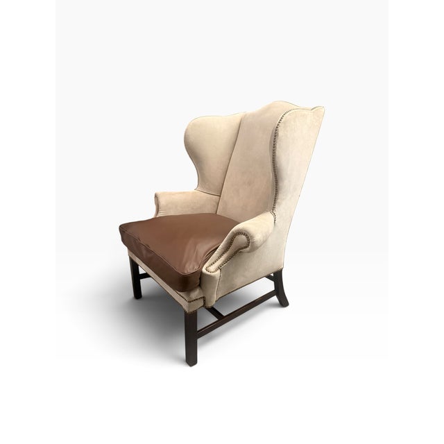 Animal Skin Ralph Lauren Home Devonshire Suede Wingback Chair With Extra Italian Leather Cushion Cover For Sale - Image 7 of 18