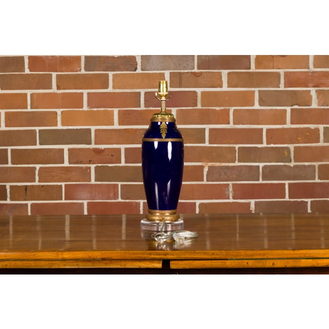 Royal Blue 19th Century French Blue Cobalt Vase Made into a Table Lamp on Lucite For Sale - Image 8 of 12