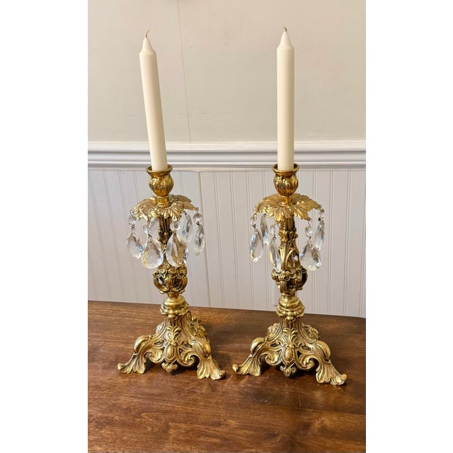 Mid 20th Century Ornate Gold Candle Holders With Crystal Prisms For Sale - Image 5 of 12
