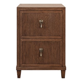 Matthew Izzo Home Novalie Fluted Provincial Brown Oak Two Drawer Side Table With Antique Brass Drawer Pulls For Sale