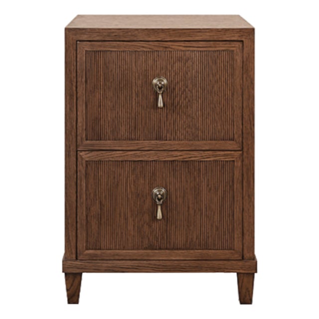 Matthew Izzo Home Novalie Fluted Provincial Brown Oak Two Drawer Side Table With Antique Brass Drawer Pulls For Sale