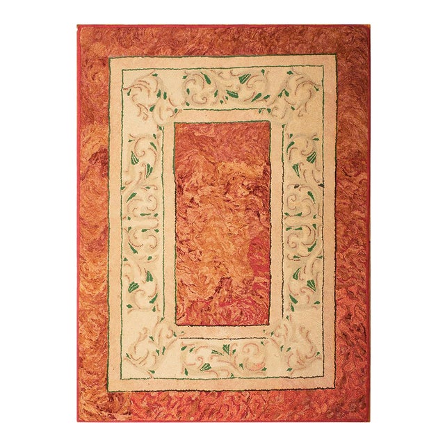 1930s Orange Salmon Medallion Folk Art Antique American Hooked Rug 4' 0" X 5' 5" Handknotted Wool Carpet For Sale
