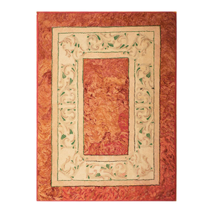 1930s Orange Salmon Medallion Folk Art Antique American Hooked Rug 4' 0" X 5' 5" Handknotted Wool Carpet