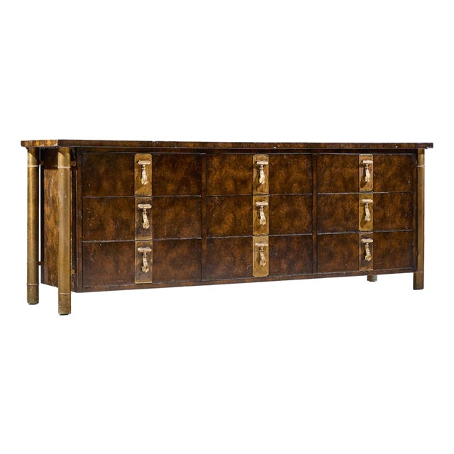 Bernhard Rohne for Mastercraft Mid Century Burlwood and Brass Lowboy Dresser For Sale