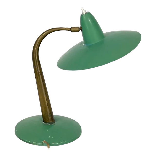 Mid-Century Modern Italian Brass and Green Lacquer Table Lamp, 1950s For Sale