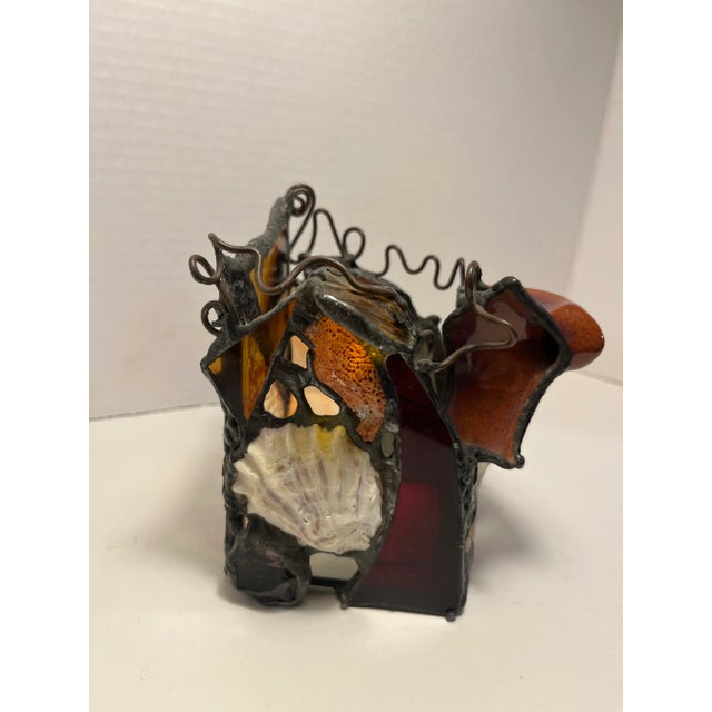 RARE Stained Glass Natural Shell and Ceramic Mix Candle Holder Lantern Aprox. dimensions: 5"H x 4"W Very good original...