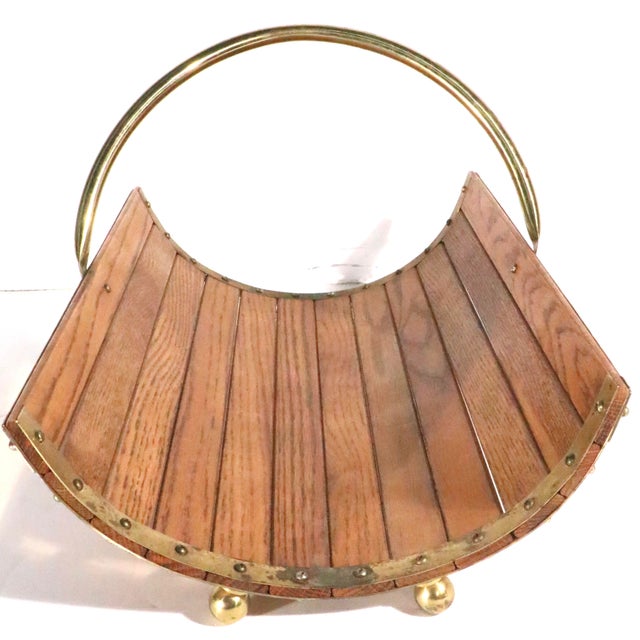 Vintage Oak and Brass Fireplace Log Wood Holder C. 1970/80's For Sale - Image 9 of 11