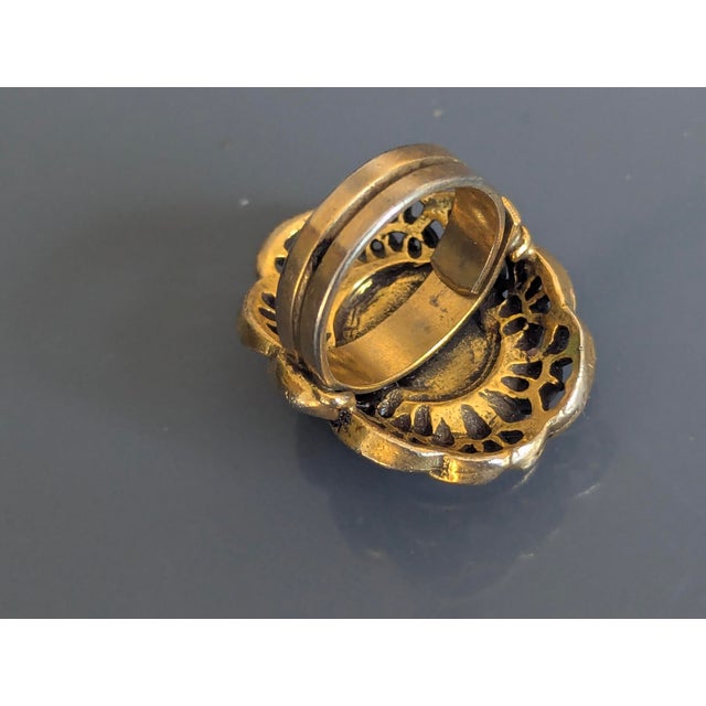 Gothic Vintage Coral Cameo Ring Framed in Brass Chunky Baroque Filigree For Sale - Image 3 of 3