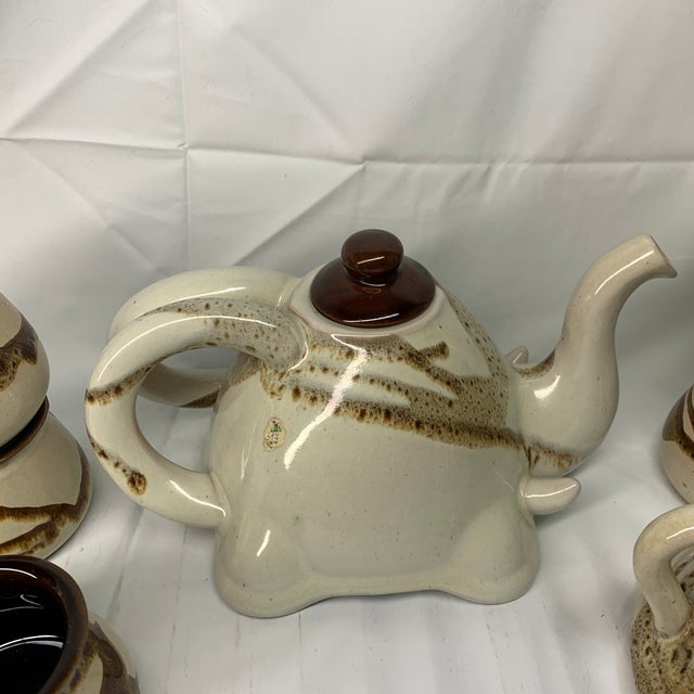 Vintage C. 1970s Handmade Stoneware Elephant Tea Set With Sugar Bowl, Brown and Cream Glaze - Set of 8 For Sale - Image 9 of 10