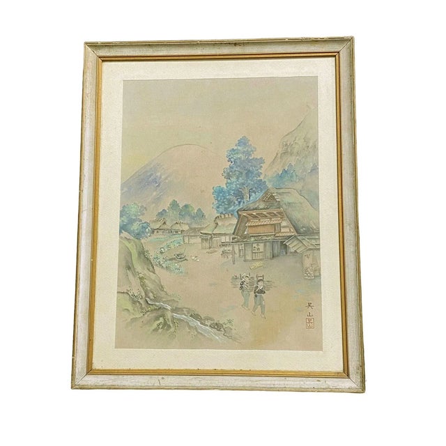 Textile Asian Old Water Color Landscape Painting on Silk Framed 22.5" H For Sale - Image 7 of 10