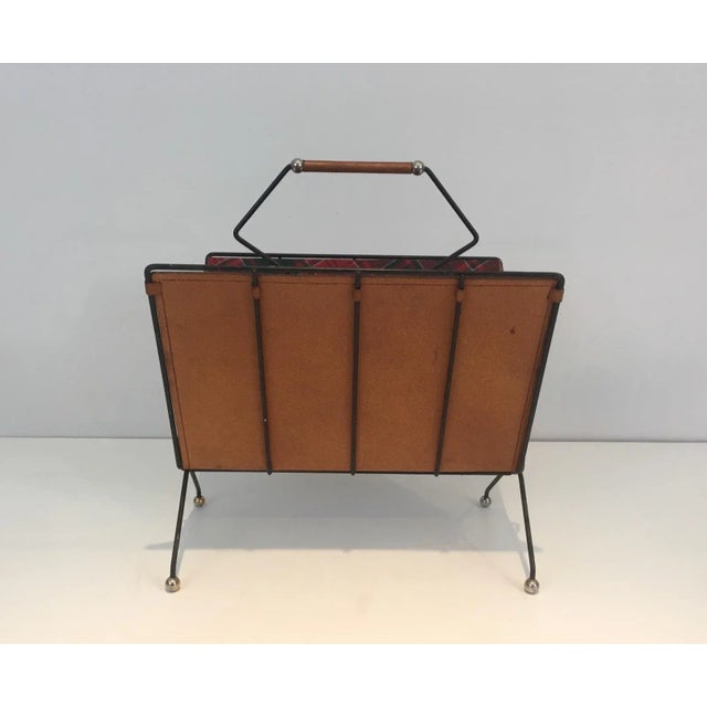 Black Lacquered Metal, Leather and Plaid Fabric Magazine Rack For Sale - Image 10 of 13