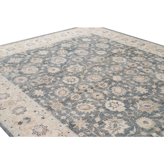 Textile Floral Modern Indian Wool Rug Handmade in Gray For Sale - Image 7 of 8