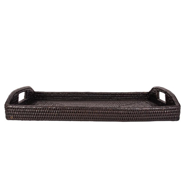 2020s Artifacts Rattan Rectangular Serving Tray with High Handles in Tudor Black - 21" For Sale - Image 5 of 12