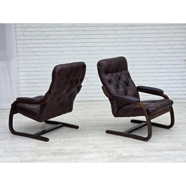 1970s, Scandinavian armchair. Original brown furniture leather, bent beech wood. Original very good condition: no smells,...