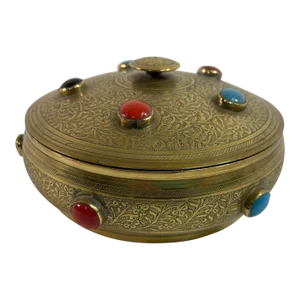 Vintage Moroccan Jewelled Trinket Brass Round Box With Beads