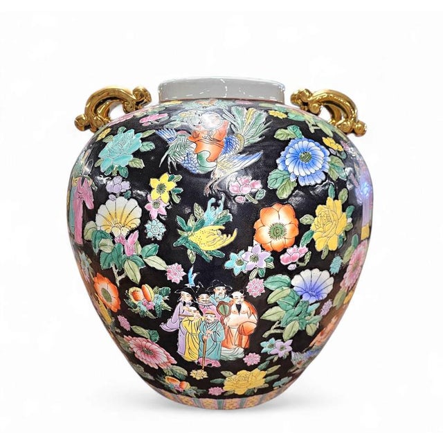 Large Chinese Hand-Painted Mille Fleur Famille Noir Porcelain Ginger Jar For Sale - Image 10 of 11