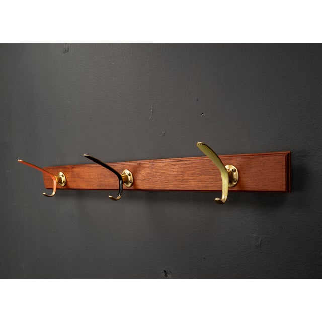 Oak Coat Rack with Brass Rods in Red, Black, and Gold, 1950s For Sale - Image 12 of 12