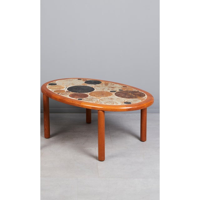 Beige Oval Ceramic and Teak Coffee Table by Tue Poulsen for Haslev Mobelsnedkeri, Denmark, 1960 For Sale - Image 8 of 8