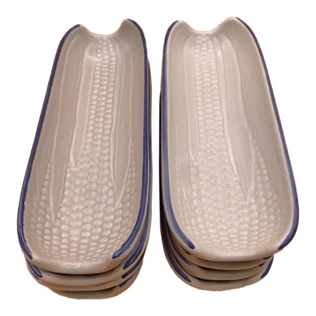 Vintage Pfaltzgraff Yorktowne Blue Corn on the Cob Holder Dish Trays- Set of 8 For Sale