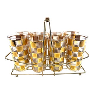 1960s Mid-Century Modern Gold Checkerboard Cocktail Glass Set With Caddy – Set of 9 For Sale