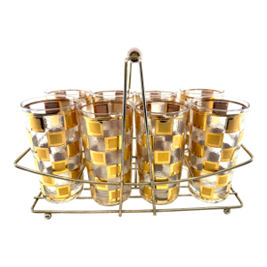 1960s Mid-Century Modern Gold Checkerboard Cocktail Glass Set With Caddy – Set of 9