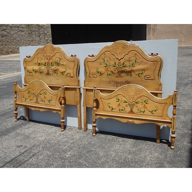 French Provincial Pair Vintage French Provincial Hand Painted Gold Floral Twin Headboards W Rails For Sale - Image 3 of 17