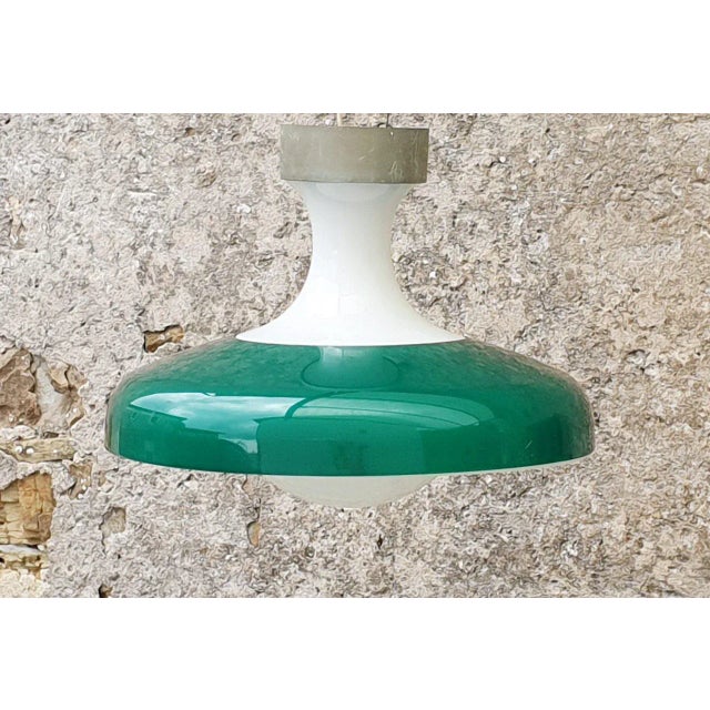 Large Mid-Century Milk Glass and Plastic Ceiling Lamp, 1968, in Very Good conditions. Designed 1960 to 1969 European Plug...