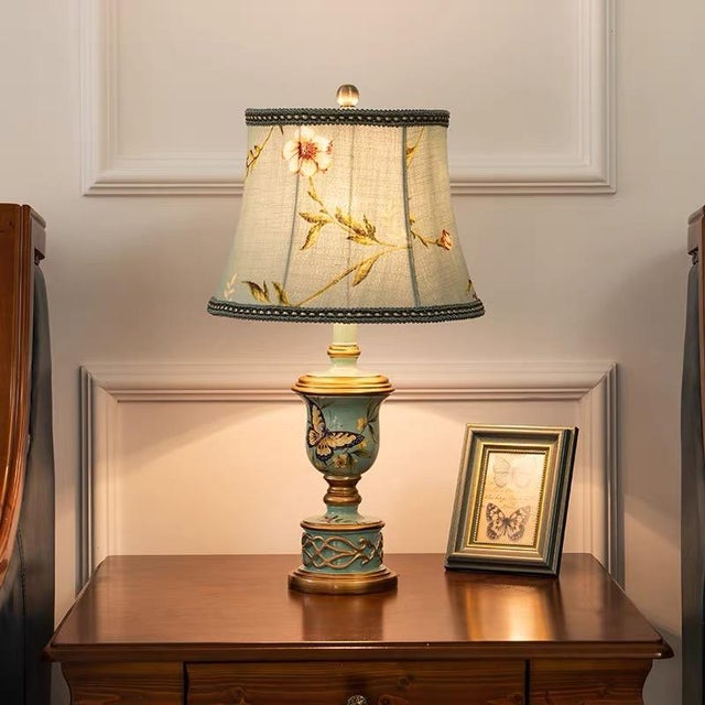 Art Deco French-Style Light Blue Butterfly-Carved Table Lamp For Sale - Image 3 of 5